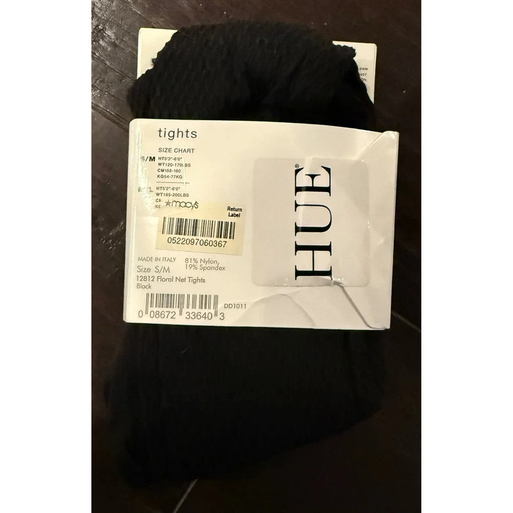 HUE Womens S/M Tights Black Floral Net Italian Made Hosiery 12812 NEW